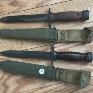 Italian M1 Carbine Bayonet shown both wood handle and plastic, with both M8 Scabbard and Italian Painted Leather