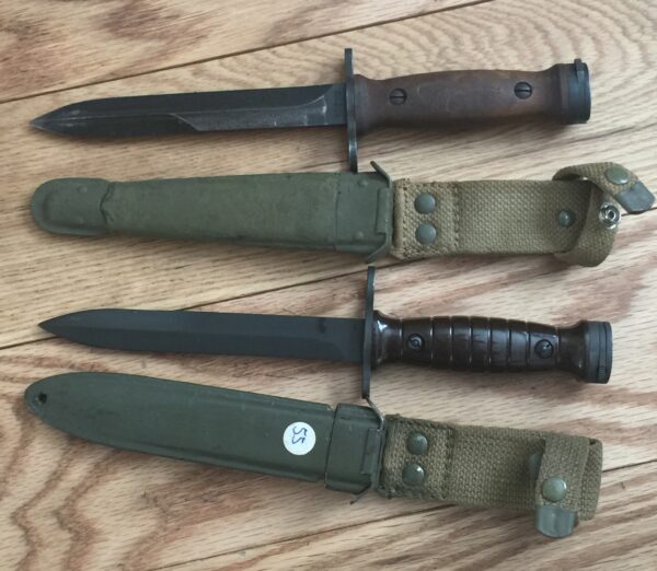 Italian M1 Carbine Bayonet shown both wood handle and plastic, with both M8 Scabbard and Italian Painted Leather